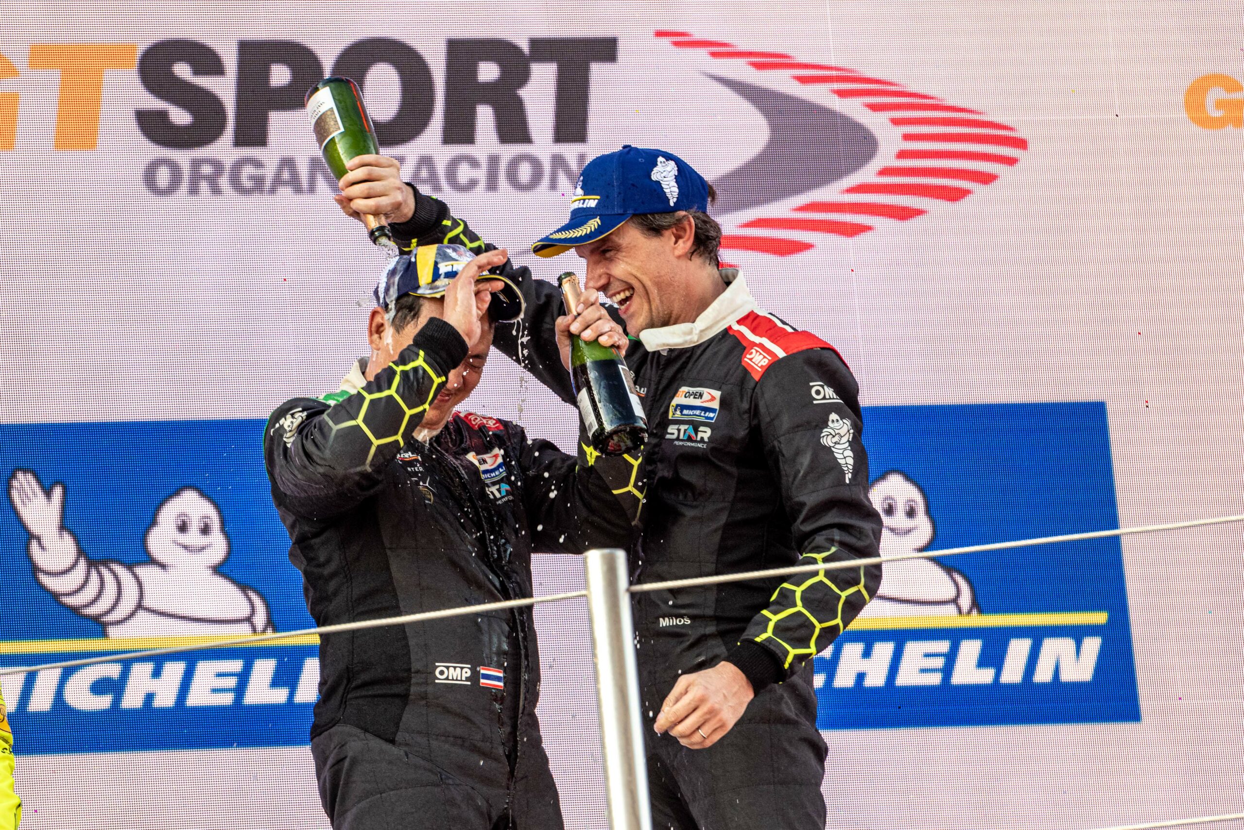 Milos Pavlovic and Pek celebrating their first win of the season in GT Open