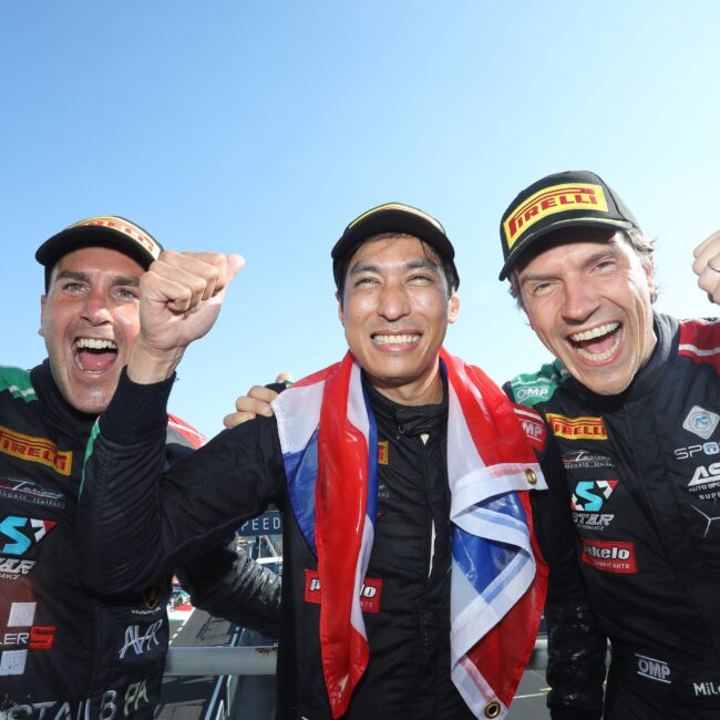 Florian Spengler, Mai and Milos Pavlovic celebrating a win in Monza, CIGTE 2025