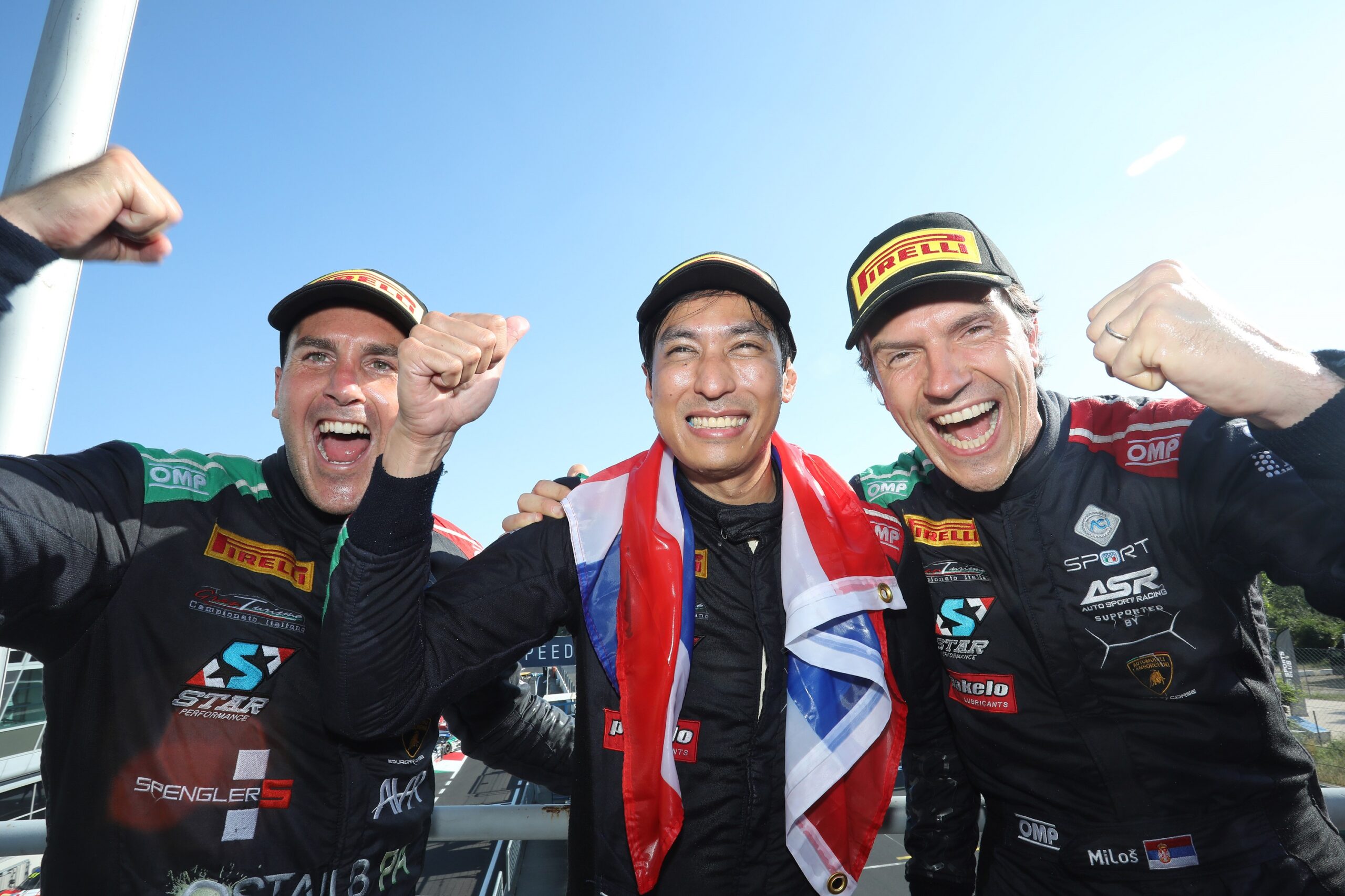 Florian Spengler, Mai and Milos Pavlovic celebrating the win in Monza, CIGTE 2025